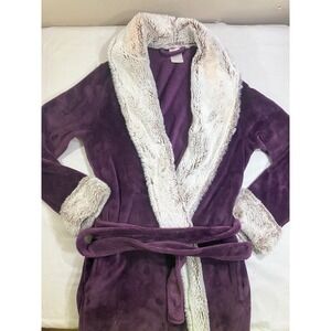 Secret Treasures Womens Purple Pearl Plush Robe Faux Fur Trim Medium 8-10